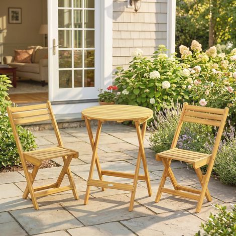Ensemble de Bistrot 3 Pièces Pliable en Bois d'Acacia avec Table Ronde et 2 Chaises. san Montage. 60x60x75cm. Naturel