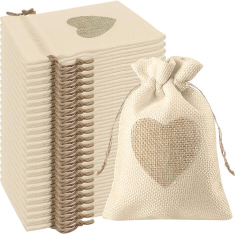 Jutebeutel mit Herzmuster, 10 x 14 cm, für Hochzeitsgeschenke, Süßigkeiten, Geschenke, Taufe, Geburtstag, Weihnachten, klein, Beige, 24 Stück