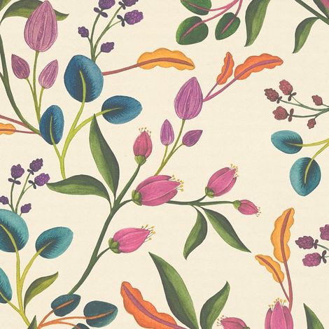 Papel pintado floral Profhome 782111 papel pintado vinílico estampado en caliente tejido non tejido liso con ornamentos florales mate crema verde púrpura azul 5,33 m2 (1/5)