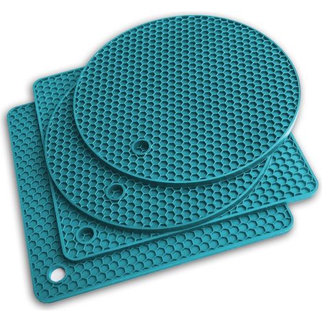 Ensemble d'accessoires de cuisine en silicone Q's INN comprenant 4 pièces : manique, protège-table et protège-plan de travail, égouttoir à vaisselle et gants isolants thermiques 225 °C, couleur turquo (1/5)