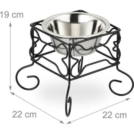 Gamelle surélevée design ergonomique 700 ml pour animal support fer noir motif os en acier inoxydable argenté (1/4)