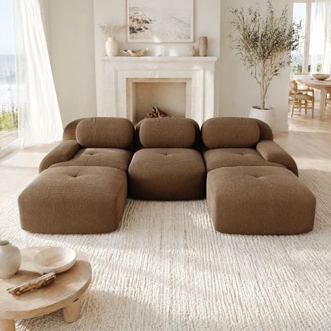 Sofá de esquina U modular 298 x 178 x 70 cm en tejido acanalado marrón HAVRYA (1/5)