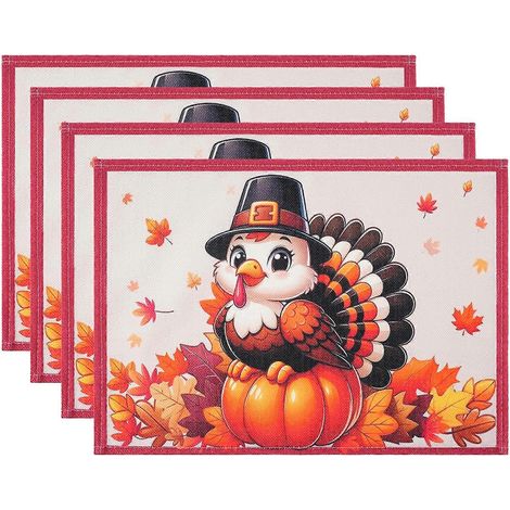 Ensemble de 4 sets de table en lin résistant, motif automnal citrouilles et feuilles d'érable, pour Thanksgiving (1/5)