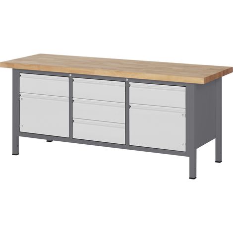STIER Höhenverstellbare Werkbank Premium, 5 Schubladen und 2 Türen, 200x70x84-104cm, Stahl und Buche