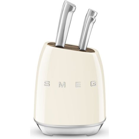 Smeg – Bloc de 6 couteaux crème – Couteaux en acier inoxydable – Lame pleine soie – Manche ergonomique en inox – Bloc en acier carbone (1/8)