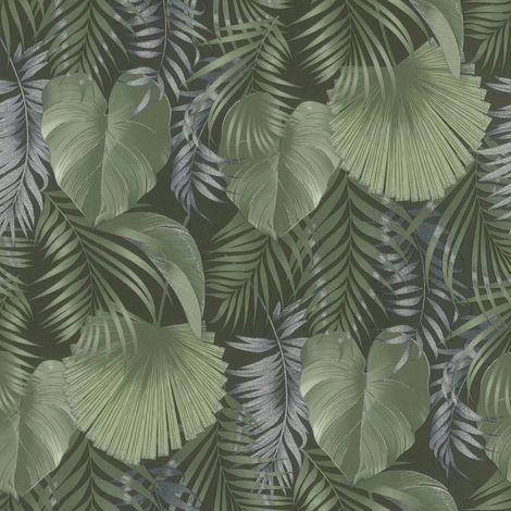 Tropical Palm Leaf Vinyl Wallpaper Sage Green Silver Botanical Feature Wall (1/4)