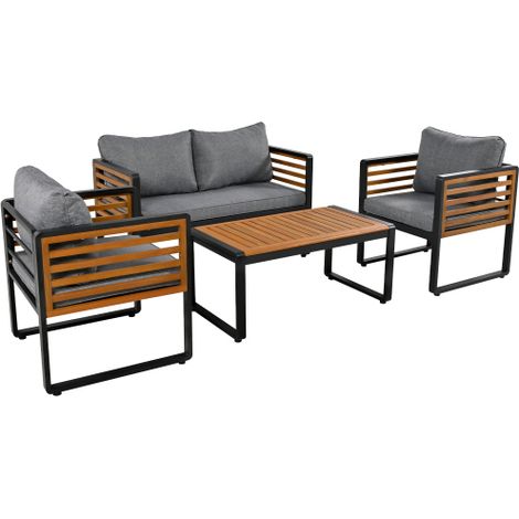 Gartenlounge Set 4-Teilig, Gartenmöbel Set Grau mit Verzinktem Eisenrahmen, 2-Sitzer-Sofa, 2 Sessel und Tisch mit Holzdetails