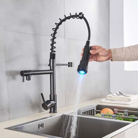 ORB Küchenarmatur aus Messing, Zweistrahl-Küchenmischer mit flexiblem und schwenkbarem Ausziehbrausekopf, hohem Auslauf, robuste Messing-Spültischarmatur mit Ausziehbrausekopf