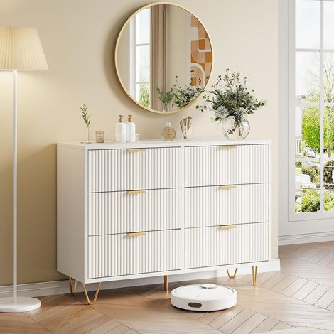 Schubladenschrank 6 Schubladen Weiß Holz Metallfüße Modern Schlafzimmer Büro (1/5)