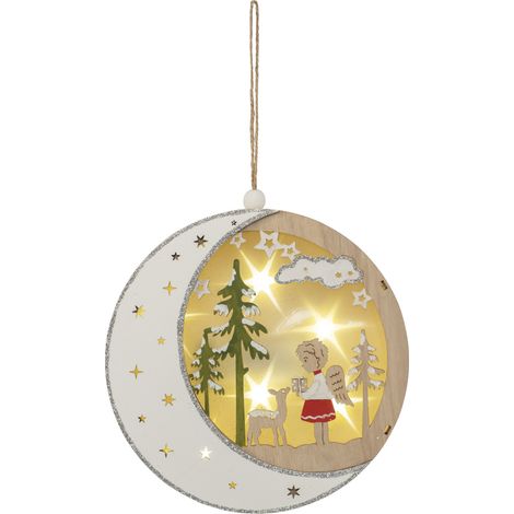 LED-Fensterbild Deko Holz Mond mit Engel Ø 18 cm warmweiß Lichterbogen