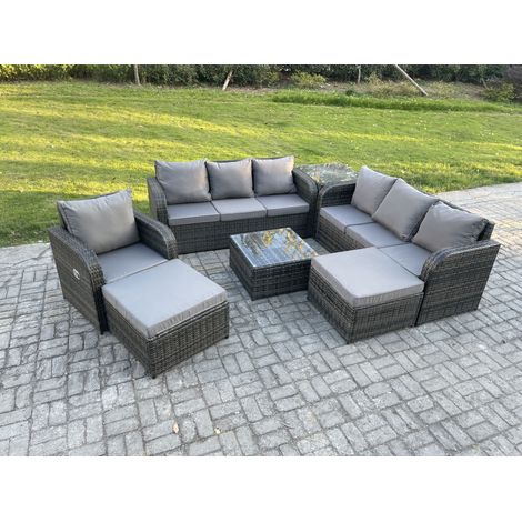 Fimous 9 places Salon de jardin exterieur avec Canapés Table basse carrée Chaise inclinable 2 Grand tabourets Table d'appoint Gris foncé mixte (1/5)