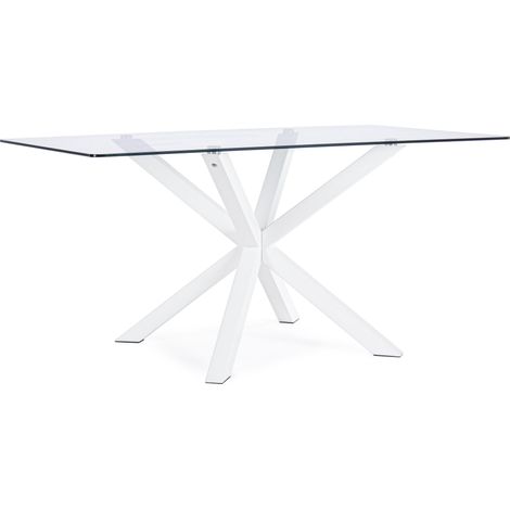 Table à manger rectangulaire verre trempé et acier blanc Agno 160 cm (1/4)