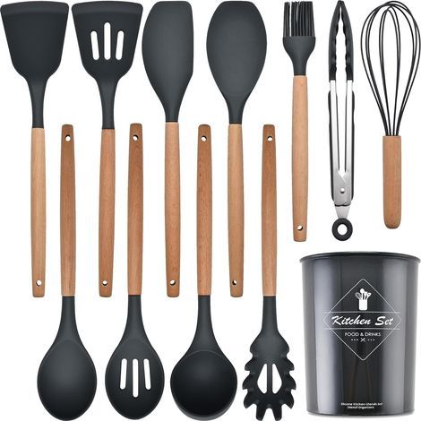 Set de 12 Ustensiles de Cuisine en Silicone Alimentaire – Résistants à 446℉, Antiadhésifs, avec Manches en Bois, Cuillère et Spatule (1/5)