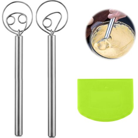 2 Pièces Fouet a Pate Danois, Outil de Fouet en Acier Inoxydable Fouet Danois Fouet de Cuisine avec Racloir, Mélangeur Manuel pour la Pâte pour Pain, Pizza, Gâteaux et Pâtisserie (1/5)