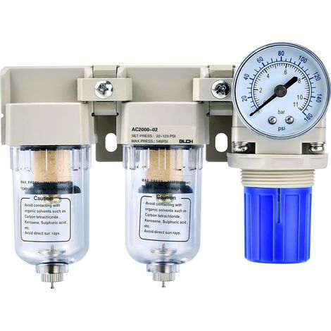 1/4" BSP Compressor Dryer - 2 Levels - AC2000-02 Combination Filter Regulator with Manual Drainage, PC Tank, Pressure Gauge (0-160 PSI/11 Bar) and 5 μm Brass Filter (1/5)