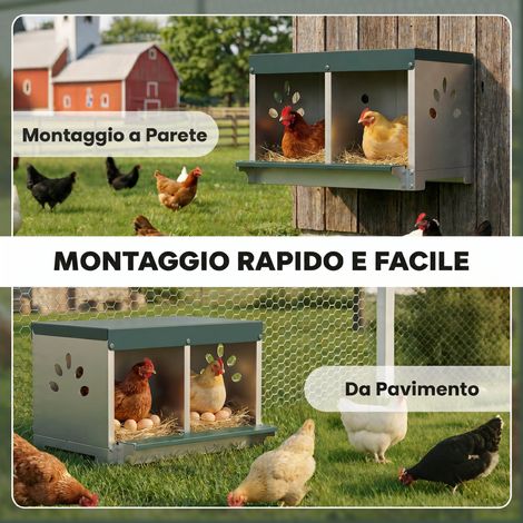 Nid pour poules pondeuses en acier à 2 panneaux avec base surélevée, toit et trous de ventilation, argent (1/4)