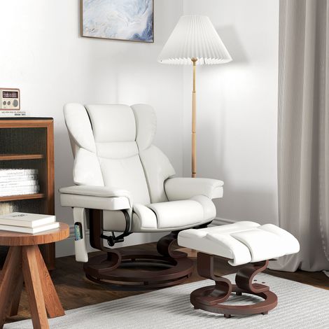 Sillón reclinable con función de masaje y reposapiés, sillón lounge, polipiel, 79 x 82 x 101 cm, blanco crema. (1/5)