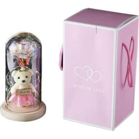 Rose Éternelle - Dôme En Verre Transparent - Base En Bois - Guirlande LED À Changement De Couleur - 1 Pièce (1/4)