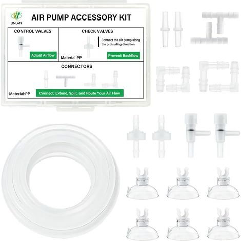 3M 4/6 mm de Tuyau en Silicone, Boîte de Rangement,Kit Accessoires pour Pompe à Air d'Aquarium, 2 Clapets Anti-Retour, 2 Vannes de Réglage, 8 Connecteurs, 6 Ventouses, pour Aquarium (1/5)