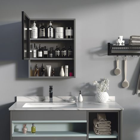 Mobiletto con specchio Kleankin, 2 ripiani interni, scomparto con ripiano a giorno, struttura in acciaio, nero, 46 x 13,5 x 58 cm