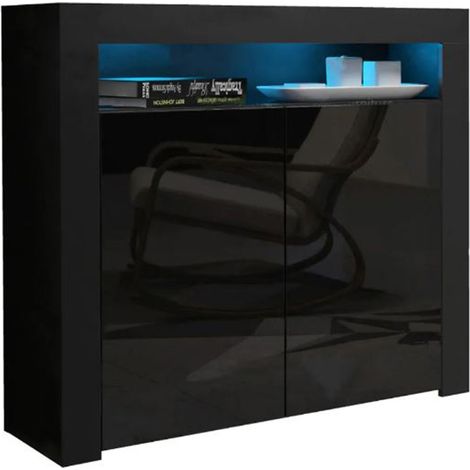 Dusine – Buffet bahut noir brillant 107 cm – Caisson noir mat – Éclairage LED intégré – Dimensions 97x35 cm – Meuble moderne pour salon (1/3)