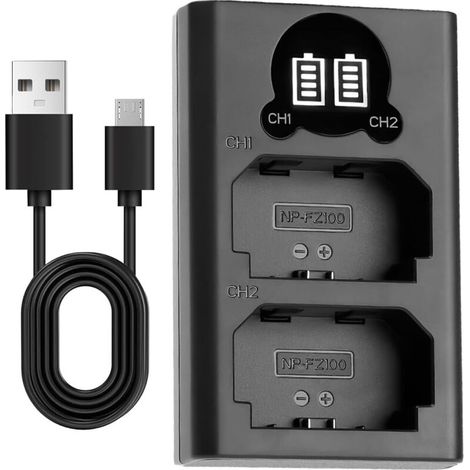 NP-FZ100 Akkuladegerät mit Micro-USB-Kabel, Kamera-Akkuladegerät für Sony FX30, Alpha A7C, A7R3, A7R4, A7M4, A7R Mark 3, A7 MADK3, A7M3, A6600, A9, Dual-Slot und LCD-Bildschirm (1/5)