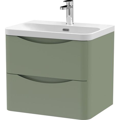 Balterley Dunwood Modern Bathroom Wall Hung 2 Drawer Vanity Unit & Ceramic Basin, Satin Green, 600mm