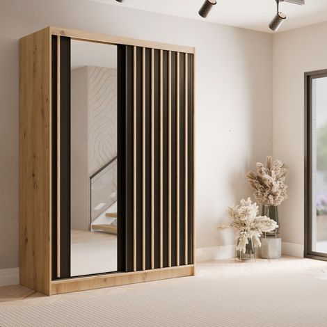 Armoire moderne coulissante bois et noir 120cm CELIA (1/4)