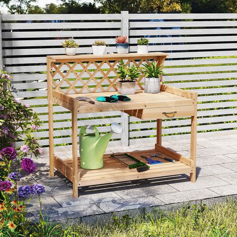 Table de Jardinage en Bois de Sapin Naturel avec Treillis à Lattes et Tiroir Amovible, Planche de Travail Ergonomique Multi-Rangements, Espace de Culture et Rangement pour Extérieur