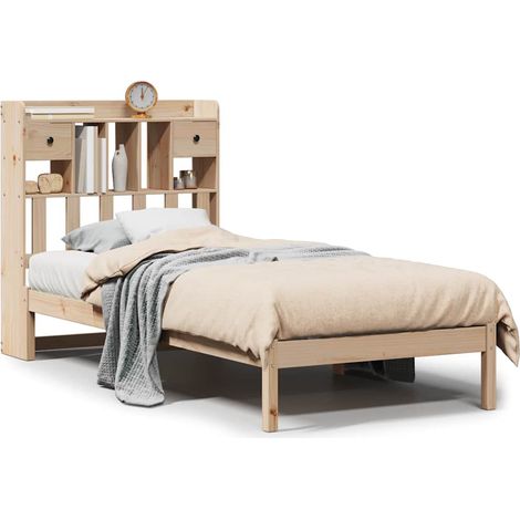 Lit simple  Lit adulte  Lit bibliothèque sans matelas 90x190 cm bois de pin massif