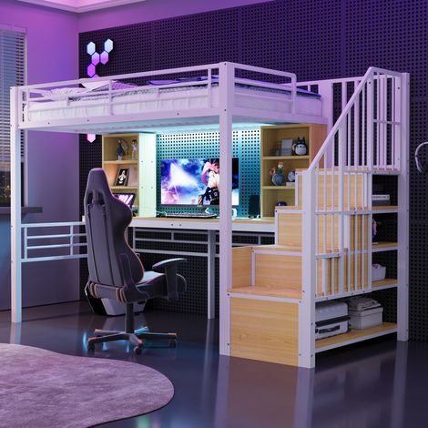 Cama alta 90 x 200 cm con escritorio, almacenaje, enchufe europeo y LED, metal blanco, REDOM (1/5)