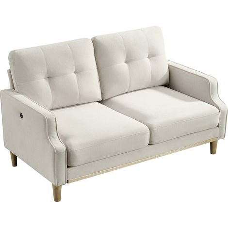 Divanetto 2 posti beige in tessuto con gambe in legno e porta USB (1/5)