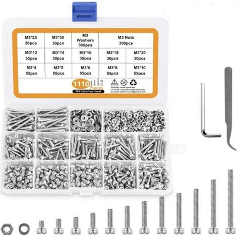 Kit assortiment vis inox M3 1100 pièces tête cylindrique six pans creux + clés hexagonales (1/5)