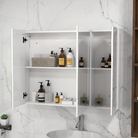 Badezimmerschrank mit Spiegel und Beleuchtung, Badezimmerschrank mit USB-Ladeanschluss, verstellbarem Einlegeboden, 90 x 15 x 70 cm, Weiß