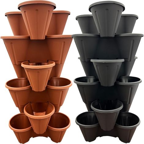 3 x Black Strawberry Tri-Pot Stacking Planters For Flowers & Plants