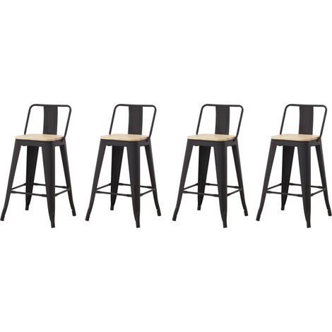 Hobag – Lot de 4 tabourets de bar industriel avec dossier – Assise en bois naturel – Hauteur 63,5 cm – Métal noir – Pour intérieur style loft