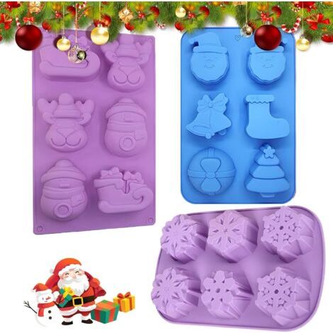 3 Pièces Moules en Silicone de Noël,Moule à Gelée de Pouding à Gâteau,avec Forme de Flocon de Neige/Bonhomme de Neige/Renne/Traîneau/Père Noël/Cloches,6 Cavités Chacun-Trois Styles,Couleurs Aléatoires (1/5)
