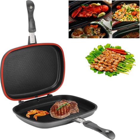Poêle double face Dessini 32cm – Grille barbecue, poignée anti-brûlure, portable (1/4)