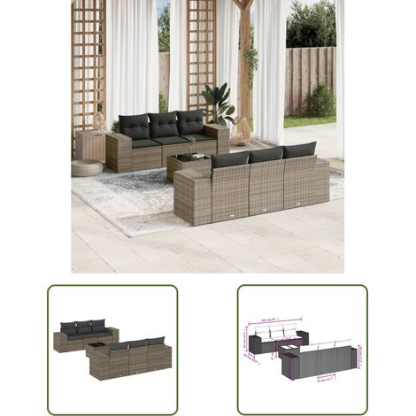 The Living Store Salon de jardin avec coussins 7 pcs gris résine tressée - Salon De Jardin - Meuble De Jardin - Set Salon - Résine Tressée - Rotin Synthétique (1/3)
