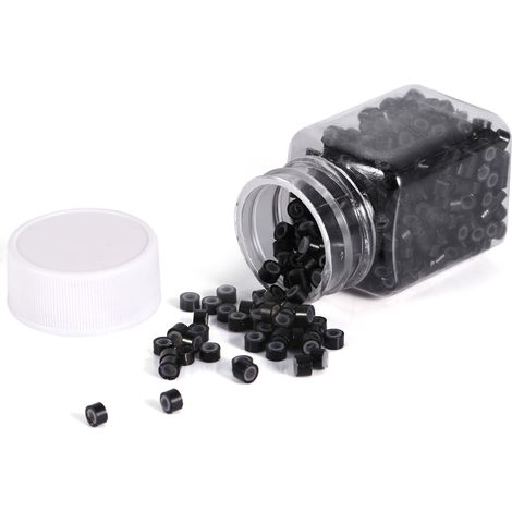 500 pièces/flacon de perles et anneaux de liaison en plumes doublés de silicone pour extensions de cheveux humains (500 pièces noires) (1/5)