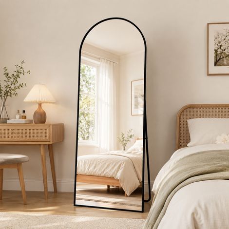 Miroir Plein Corps, 164x54 cm, Miroir Arqué Sur Pied, Cadre Aluminium, Design Arqué, Chambre Salon Entrée, Noir