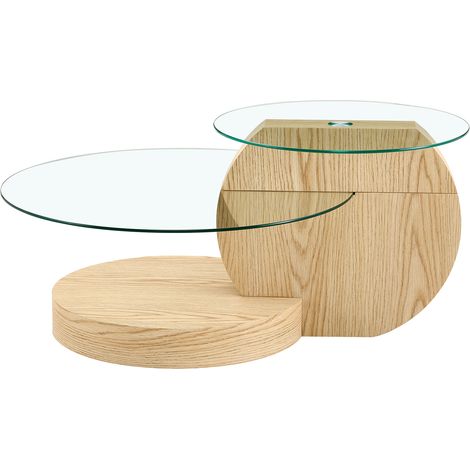 Mesa de centro de 2 niveles con cristal de seguridad y MDF acabado madera clara HOMVRA (1/5)
