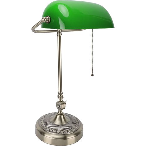 Lampe de bureau vintage à brancher, avec abat-jour en verre vert et interrupteur à tirette, idéale pour la chambre, le bureau ou la maison (prise européenne 220 V). (1/5)
