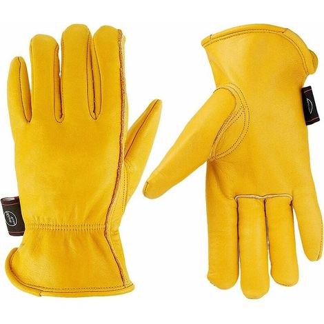 Gants de travail en cuir pour jardinage/coupe/construction/agriculture/moto, homme et femme, avec poignet élastique, jaune (M) (1/5)