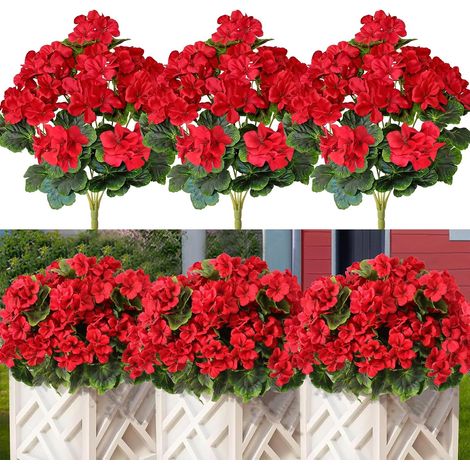 Fleurs Artificielles d'extérieur Géraniums Artificiels Fleurs en Soie 3 Bottes Fleurs en Plastique Plantes Artificielles Résistant aux UV pour Le Jardin Vase Centre de Table (Rouge) (1/5)