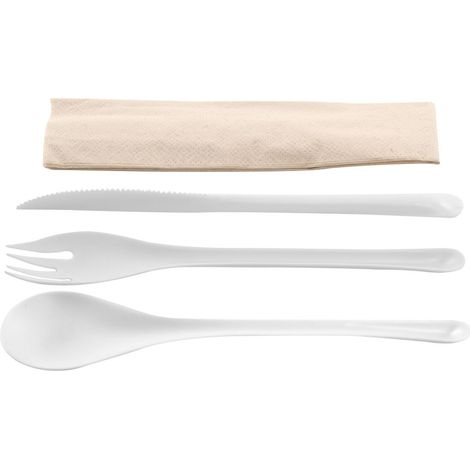 EKO Kit couvert blanc 3 en 1 en CPLA : couteau + fourchette + serviette kraft - 500 unités - Betik