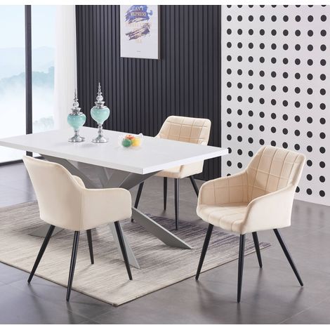 Duke LUX Camden Esszimmerset – ein weißer Esstisch aus Holz und ein Set mit 4 cremefarbenen Esszimmerstühlen aus Samt – Esszimmer Küche