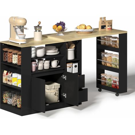 Isola Cucina 115x50x92 cm, Carrello Cucina con Piano Estensibile e Scaffali Accessibili, Doppia Funzione Tavolo, MDF, Nero (1/5)