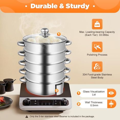Faitout vapeur, 26 cm, 5 couches, en acier inoxydable, cuiseur vapeur à induction, fond composite à 3 couches, compatible avec tous les types de plaques de cuisson (1/5)