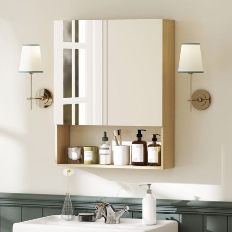 Armadietto bagno 60x16.6x75 cm rovere in legno e vetro con ante a specchio e ripiano aperto (1/4)